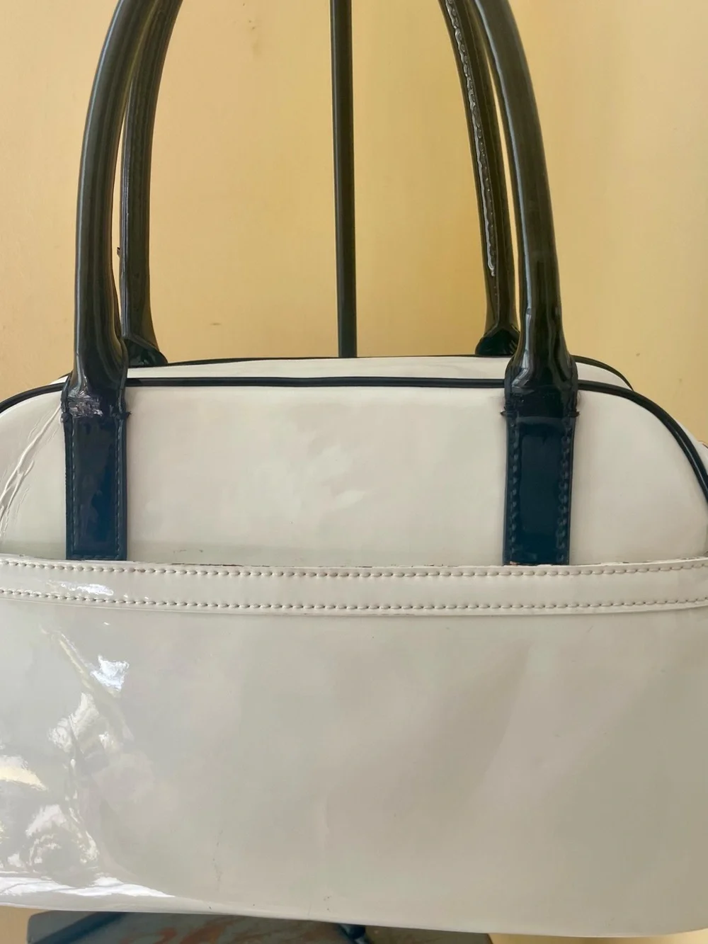 kate spade White and Black Patent Satchel with Bow Trim